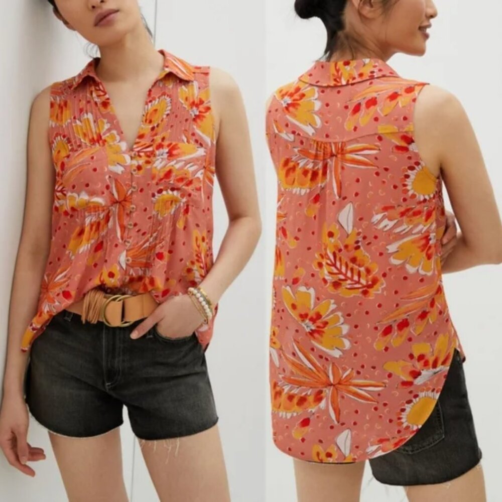 Vera For Anthropologie Blouse Top Floral Sleeveless Pintuck Button Front Boho XS